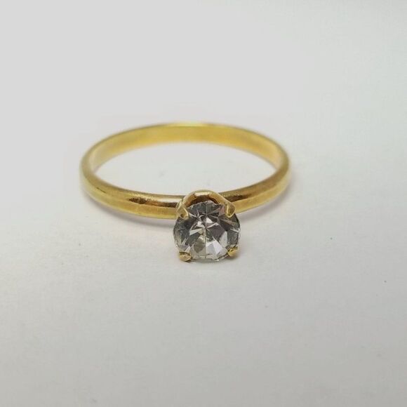 Vintage Solitare Rhinestone Ring, Gold Tone Band, Minimal Stacking Estate - Picture 1 of 5
